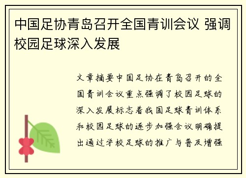 中国足协青岛召开全国青训会议 强调校园足球深入发展